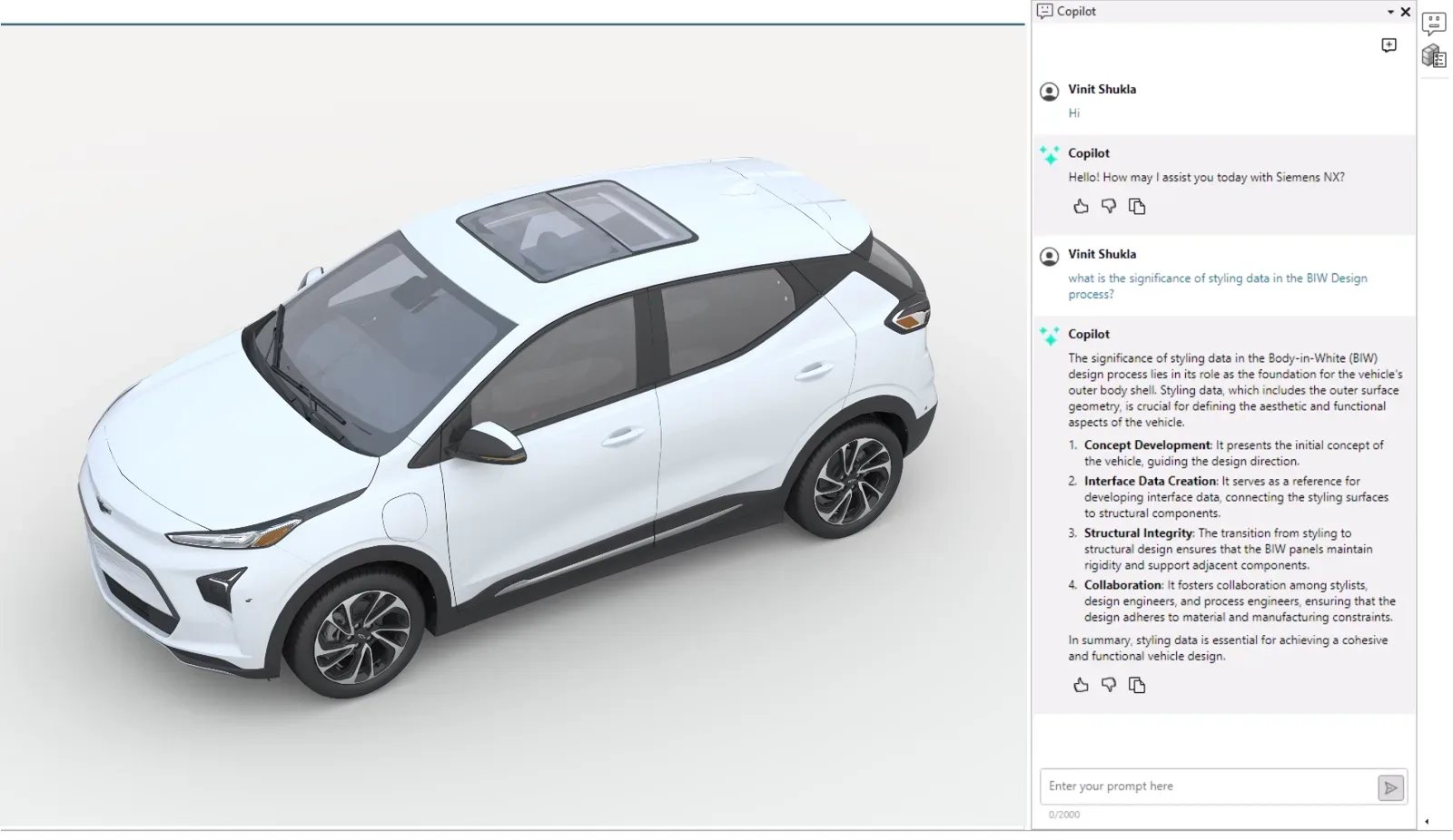 Copilot for Designcenter X answering a question about a car body model