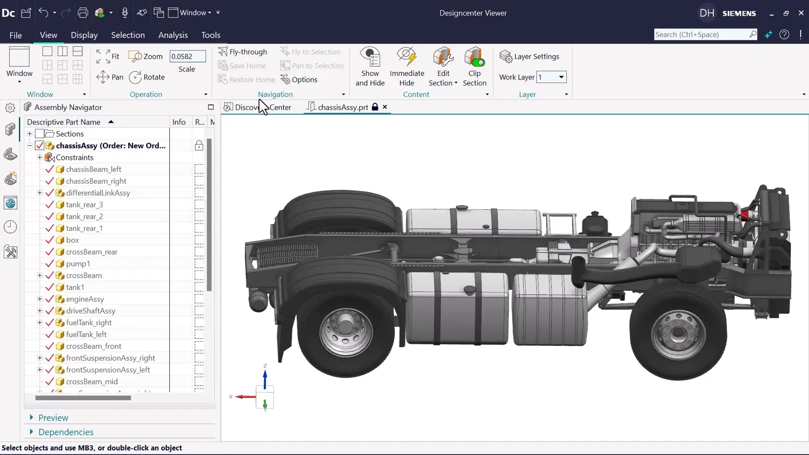 Truck chassis opened in the Designcenter X Team Connect desktop viewer