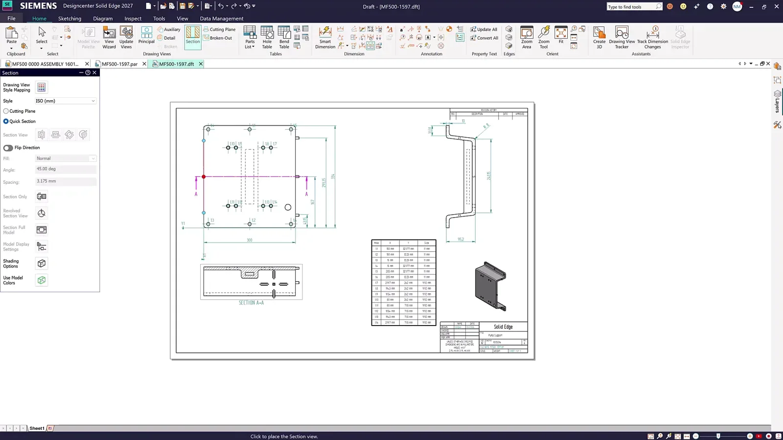 Drawing sheet with views and a parts table generated in Solid Edge