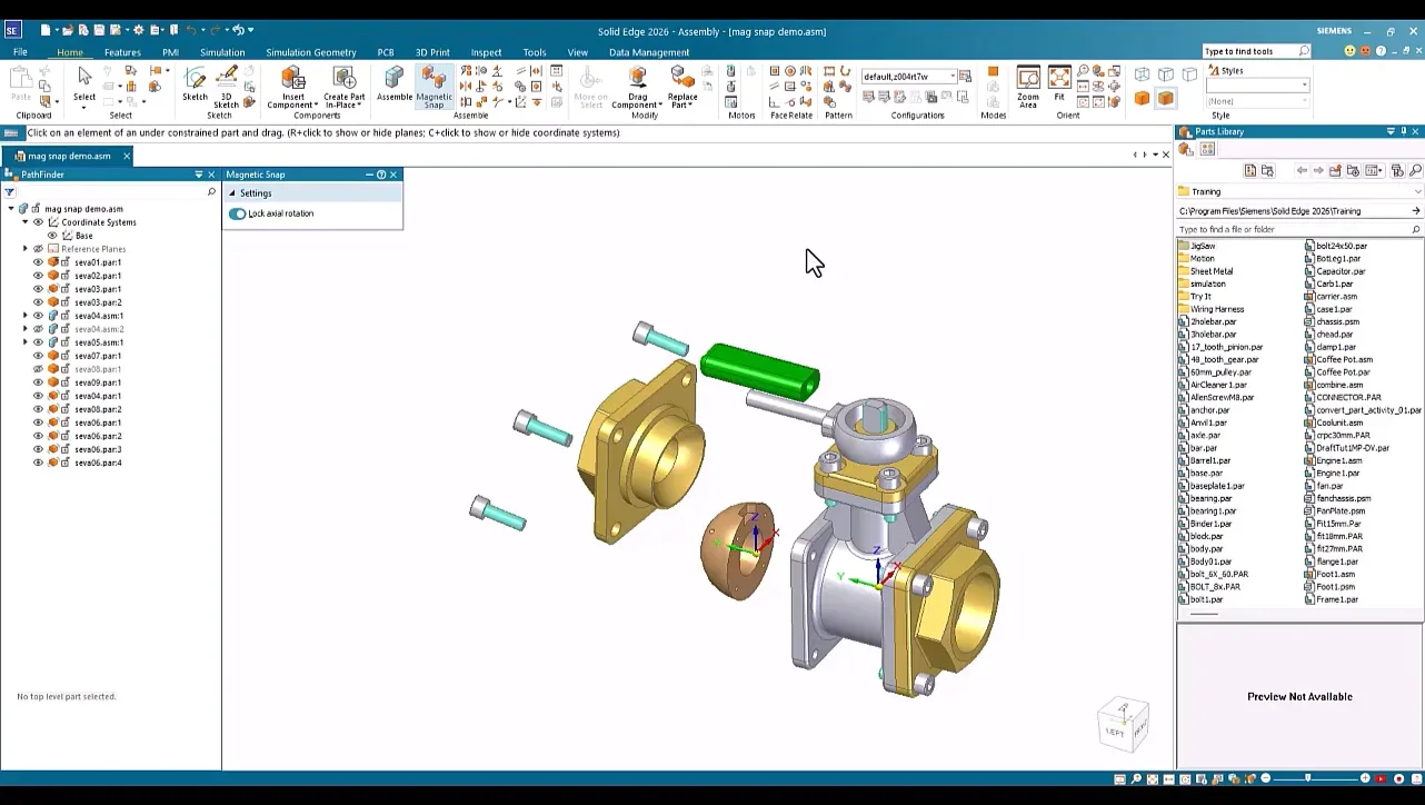 Magnetic snap placing a valve body onto a flange in Solid Edge