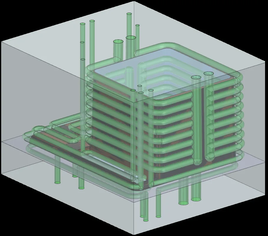 Conformal cooling channels following the shape of a mould cavity