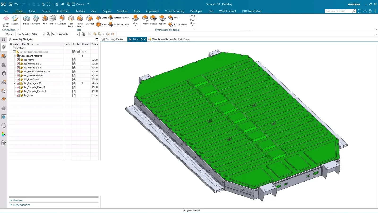 Battery pack model taken from CAD to a finite element mesh in Simcenter 3D