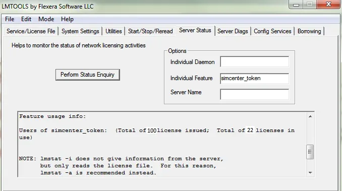 LMTOOLS server status report showing tokens licensed and in use