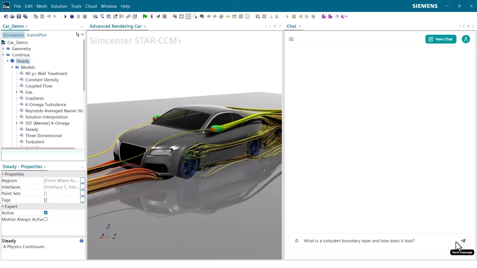 Integrated AI chat in Simcenter X answering a modelling question next to a car CFD model