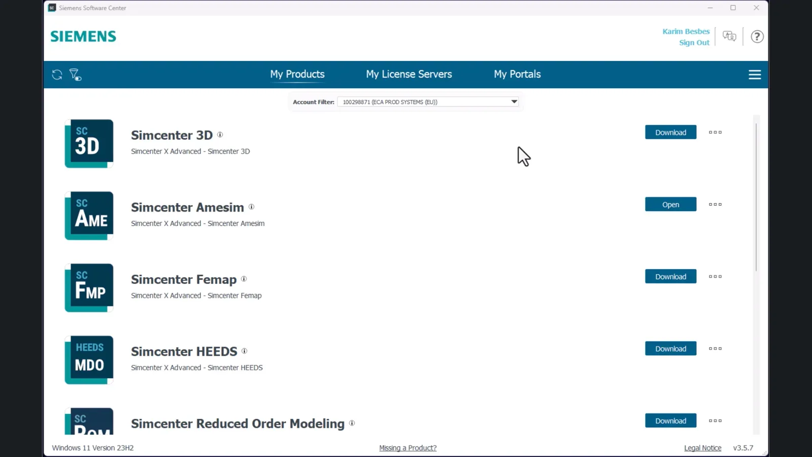 Siemens Software Center listing Simcenter applications ready to install