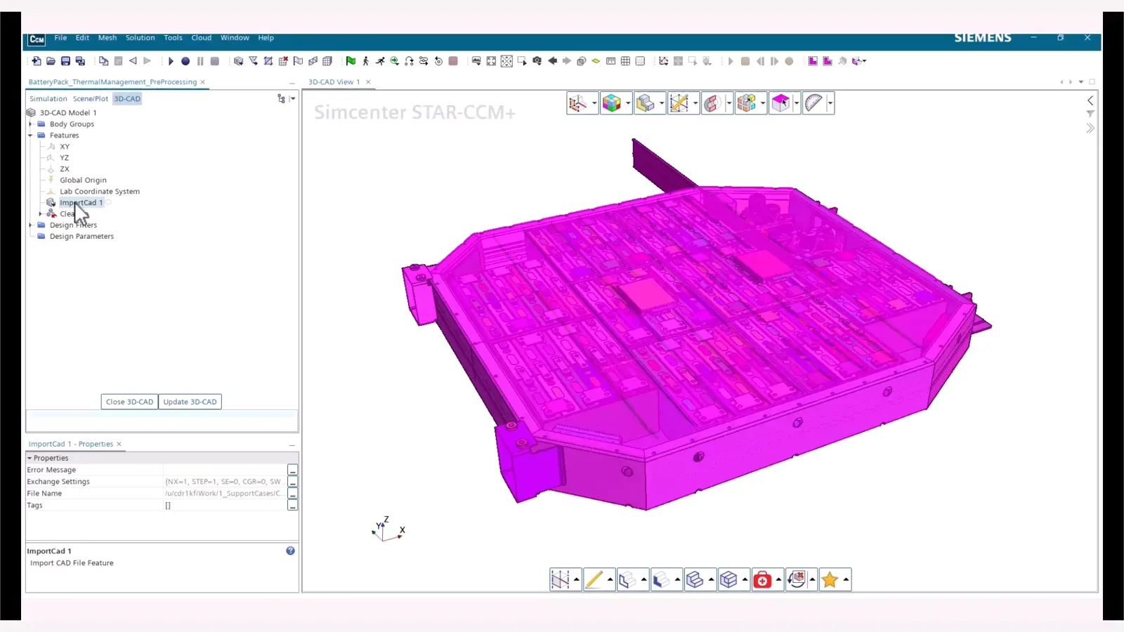 Battery pack CFD model in Simcenter STAR-CCM+ under Simcenter X Advanced