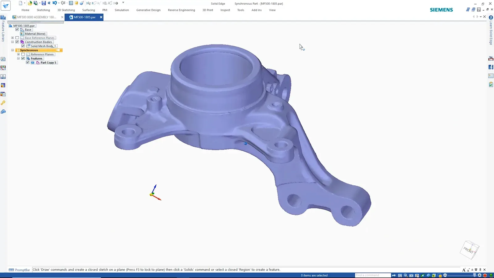 Steering knuckle modelled with convergent geometry in Solid Edge