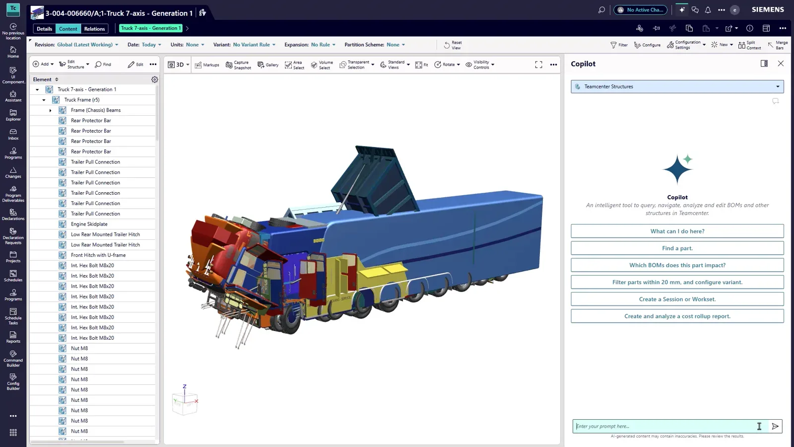 Teamcenter BOM Agent proposing a structure change on a truck assembly