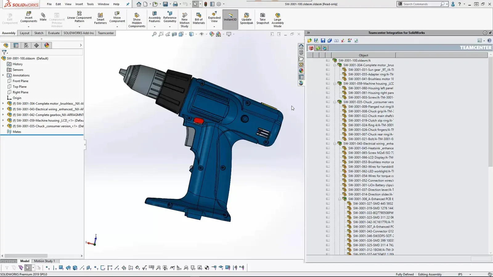 Teamcenter X design management embedded in NX with a power drill assembly
